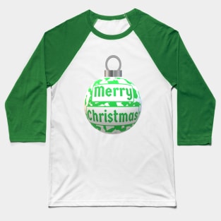 Christmas Tree Ornament with Merry Christmas Greeting and Wintergreen and White Abstract Peppermint Candy Cane Design Baseball T-Shirt